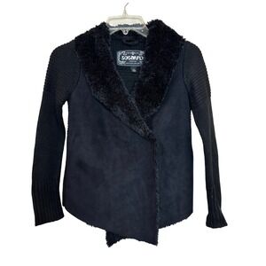 Sugarfly Faux Suede Knit Jacket Women S Black Faux Fur Collar y2k Glam Layering